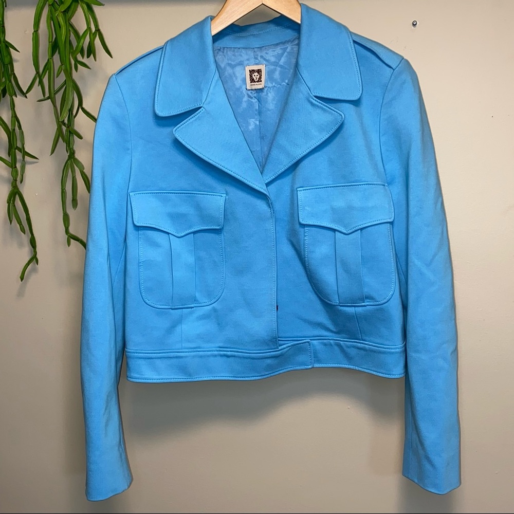 Anne Klein Light Baby Blue Button Front Cropped Moto Jacket Sz Large